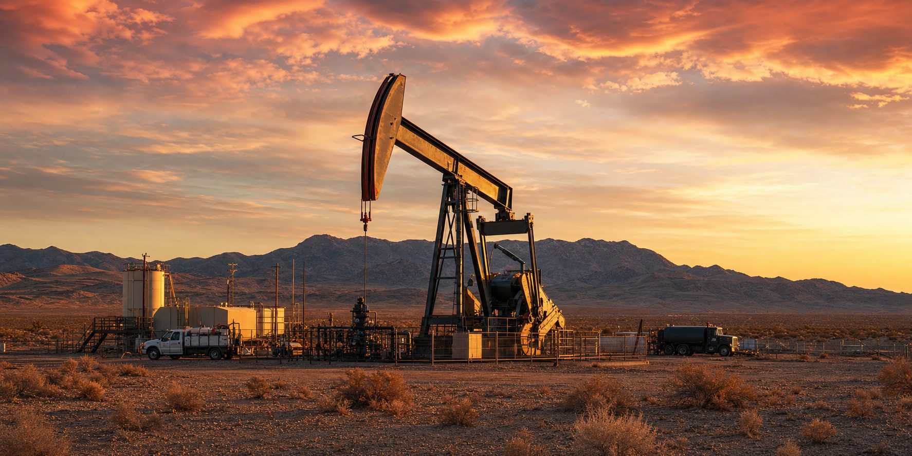 A pumpjack in the desert at sunset