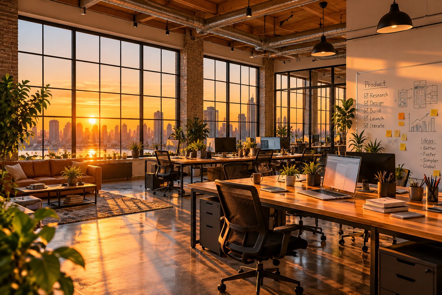 A sunlit startup office loft with desks, laptops and a whiteboard